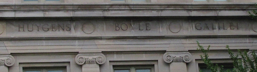Frieze of MacLean Hall featuring names for Boyle, Huygens, and Galilei