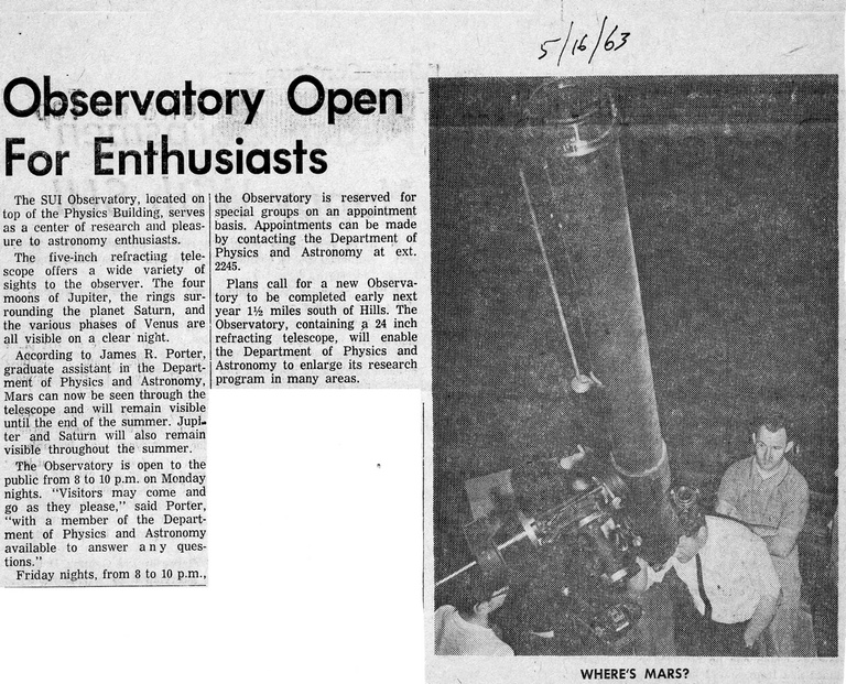 Newspaper clipping regarding the opening of the SUI Observatory in MacLean Hall