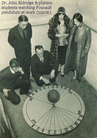 Dr. John Eldridge and physics students watching the Foucault pendulum at work in the 1920s