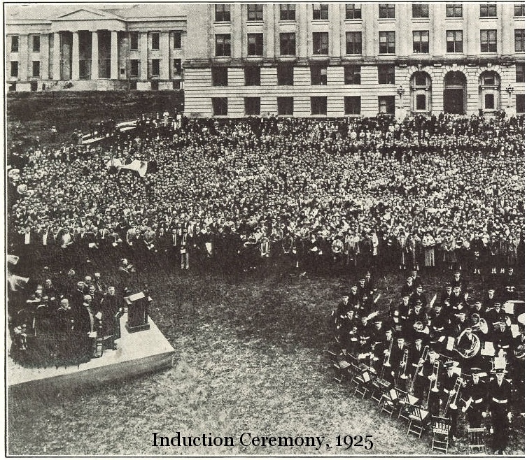Crowds of people outside MacLean Hall in 1925 for the Induction Ceremony