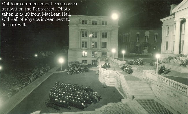 Outdoor commencement ceremonies at night on the Pentacrest. Photo taken in 1928 from MacLean Hall.