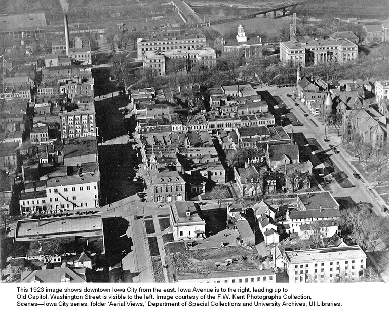 View of Iowa City's downtown and the Old Capitol from the air circa 1923