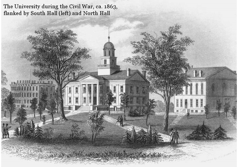 University of Iowa during the Civil War, ca. 1863, flanked by South Hall (left) and North Hall