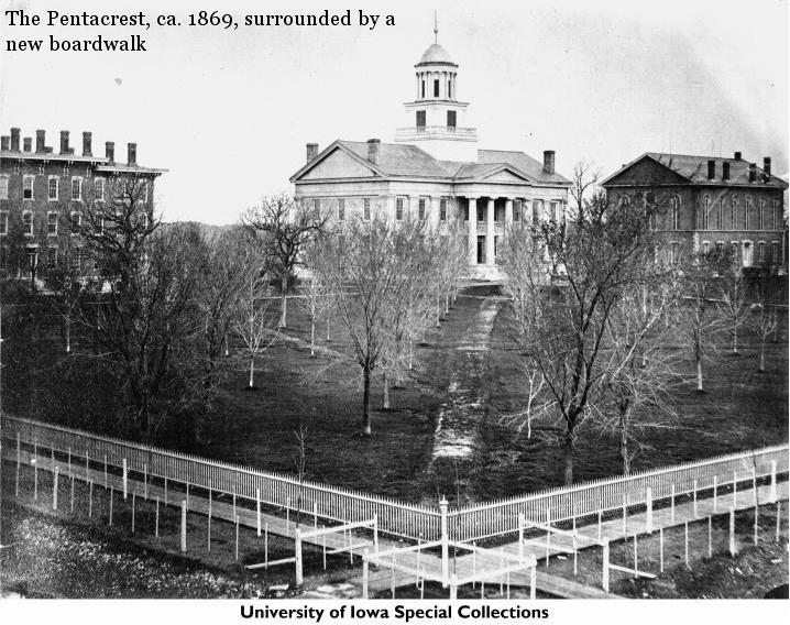 The Pentacrest, ca. 1869, surrounded by a new boardwalk